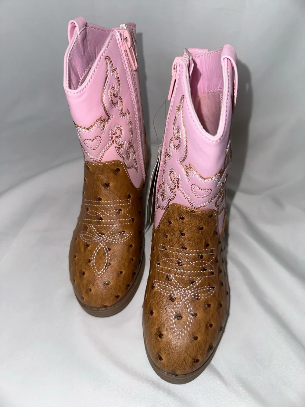 NWT Pawz Girls Pink Western Cowgirl Boots Faux Ostrich Size 12 Kids Side Zip